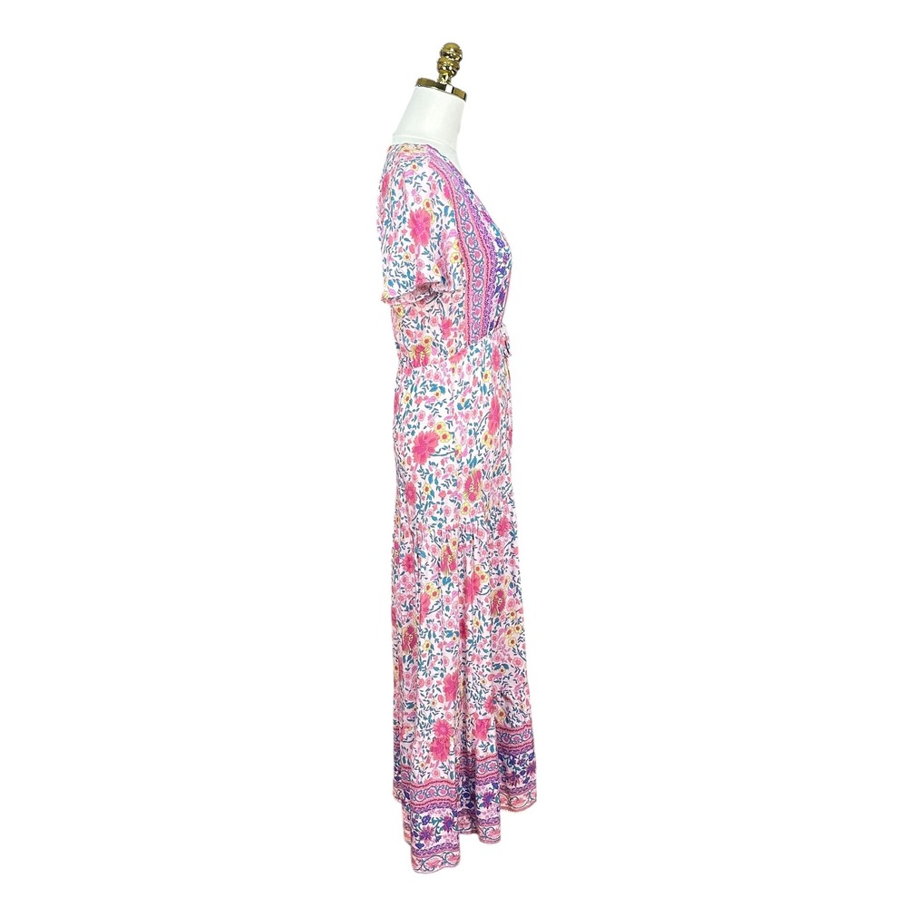Viovimos Pink Floral Boho Maxi Dress V-Neck‎ Tiered Button Front Size S 4/6 - Picture 4 of 8